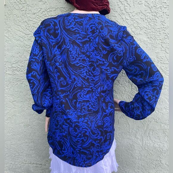 EUC DANA BUCHMAN Blue/Black Boho V-Neck Button Up Long Sleeve Blouse Size 6 - Picture 7 of 13